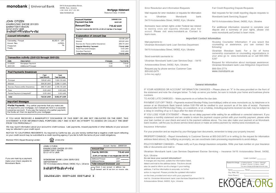 Relevé hypothécaire de la banque monobanque ukrainienne aux formats Word et PDF